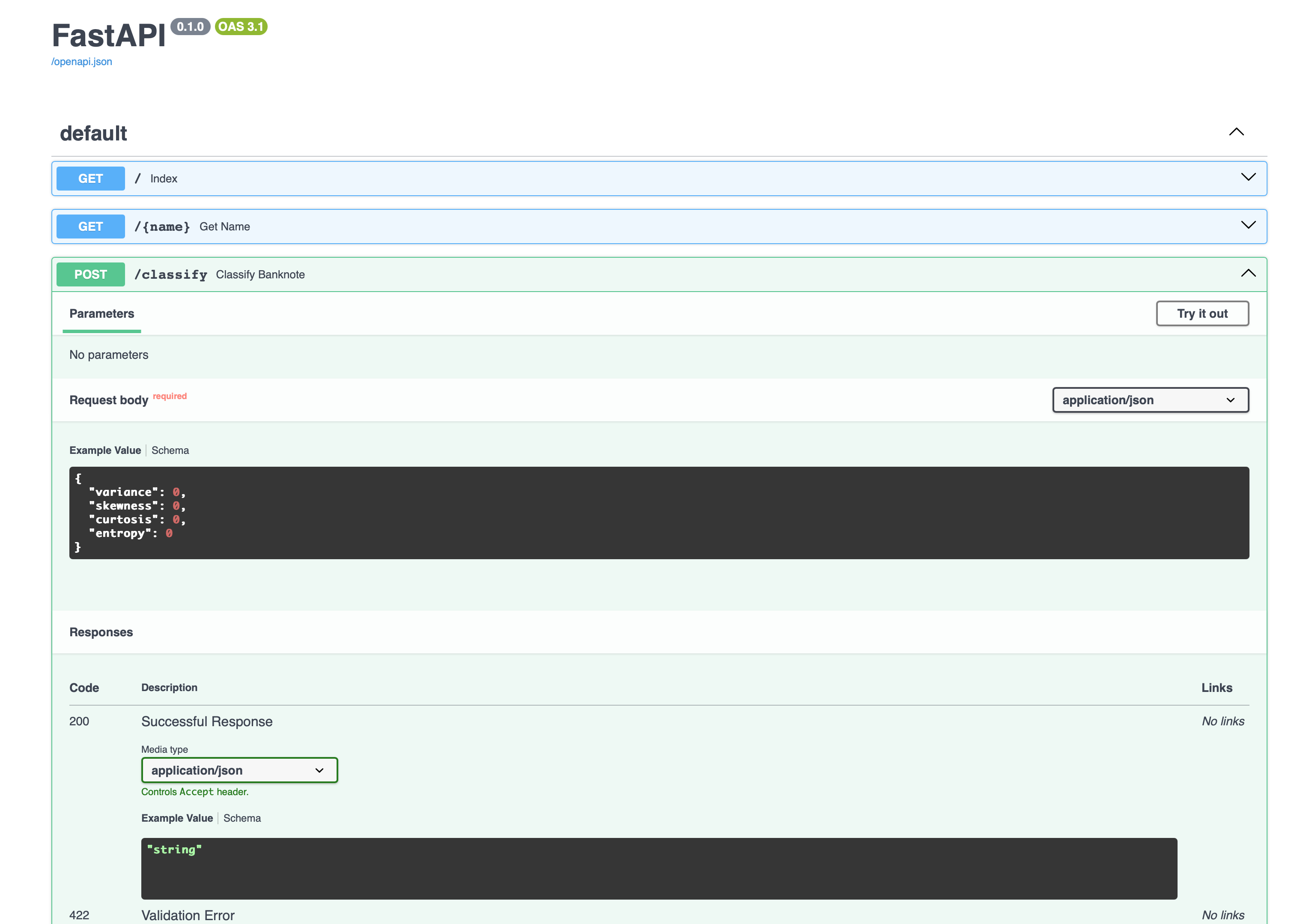 Screenshot of the FastAPI web app documentation